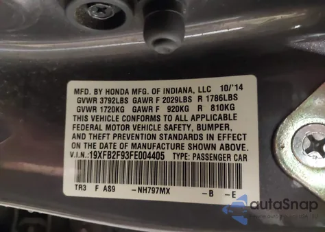 2015 Honda Civic Ex-L z USA, uszkodzony, nr VIN 19XFB2F93FE004405